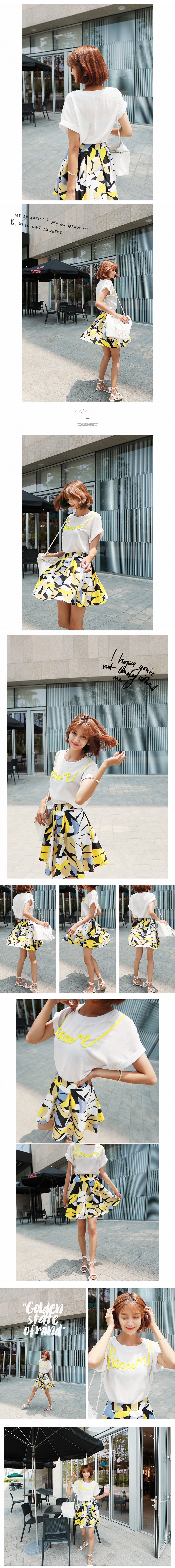 韩国MAGZERO 夏日小清新白色短袖上衣印花半身裙两件套 均码One Size(M/27-29)
