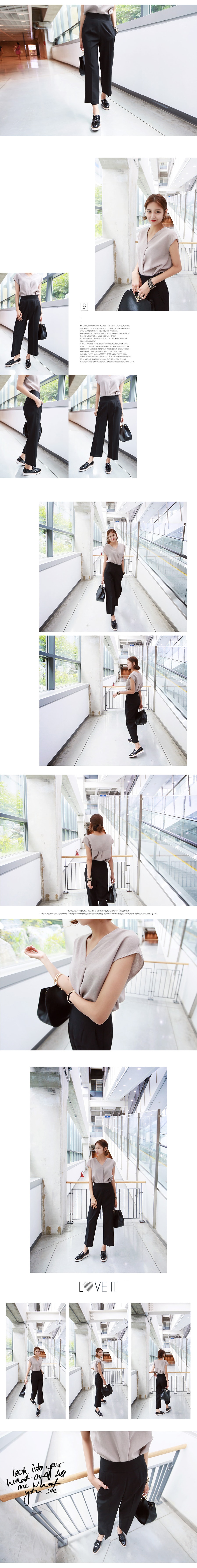 韩国MAGZERO 白领风米色V领短袖黑色显瘦阔腿裤套装 (L/28-29)