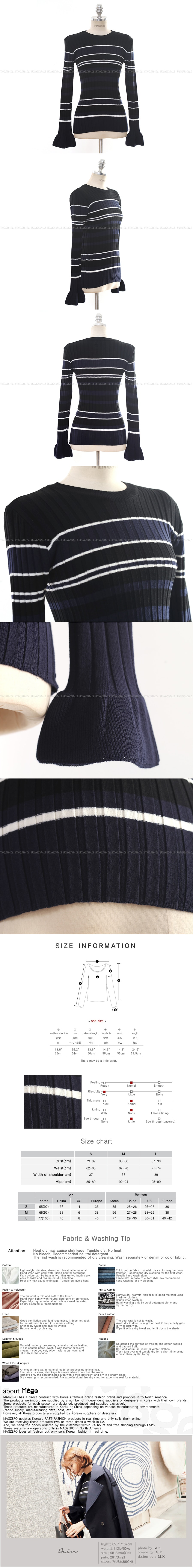 KOREA Ruffle Cuff Striped Knit Top Navy One Size(S-M) [Free Shipping]