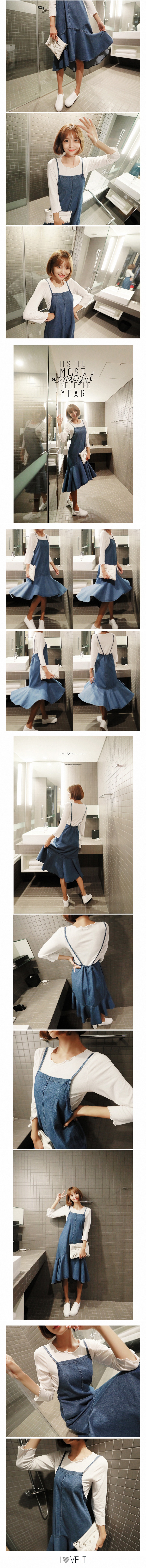 韩国MAGZERO [秋季新品] 牛仔吊带连衣裙加白色中袖T恤打底衫两件套  Size(S-M)