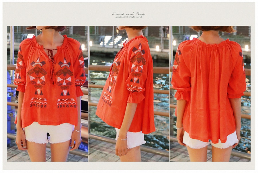 韩国MAGZERO [限量销售] 休闲民族风彩色刺绣荷叶边衬衣 #橘红色 均码(S-M)