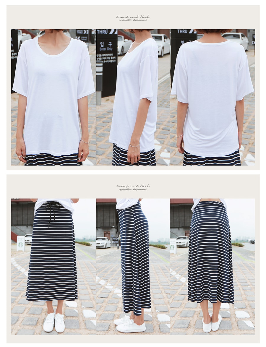 [Special Offer] Soft U-neck Loose T-shirt and Striped A-Line String Skirt 2pieces Set #Black+Ivory One Size(Free