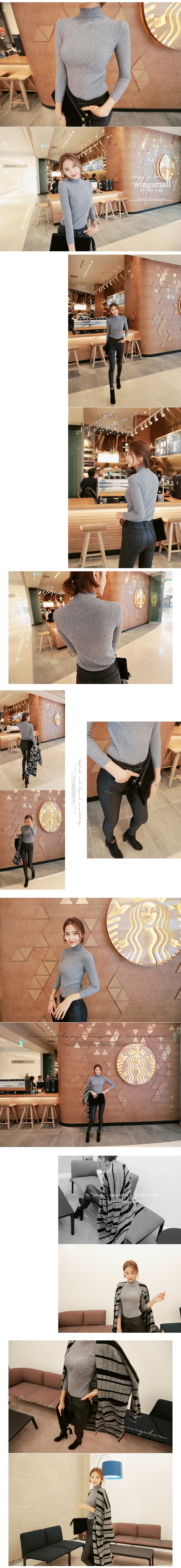 KOREA Mock Neck Stretchy Ribbed Knit Top Charcoal One Size(S-M) [Free Shipping]