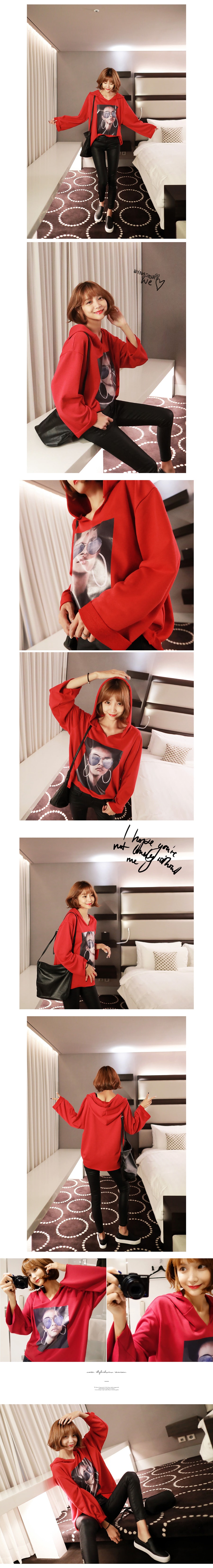 [KOREA] Photographic Patch Cut-Off Boxy Hoodie #Red One Size(Free) [Free Shipping]